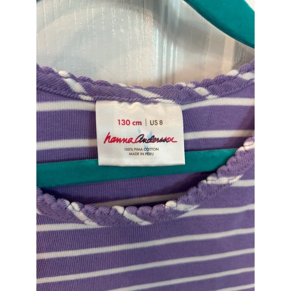 Hanna Andersson T-Shirt Purple Striped Pima Cotton Scallop Trim Girls Size 8 130